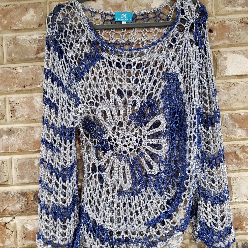 South Main Loose Knit Crochet Sweater Blue/Gray